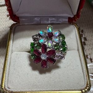 Rhodolite garnet peridot and opal- Silver Tone ring